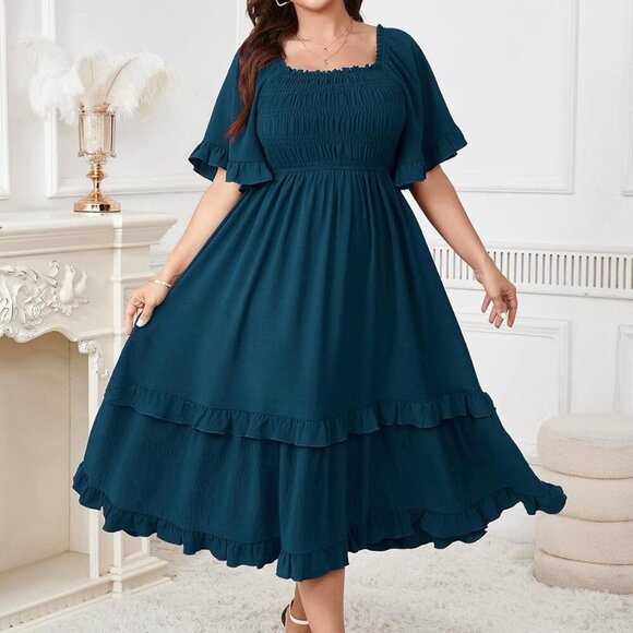 Women's Plus Size Maxi Dress Polyester Square Neck Short Sleeves Elegant - Picture 3 of 7